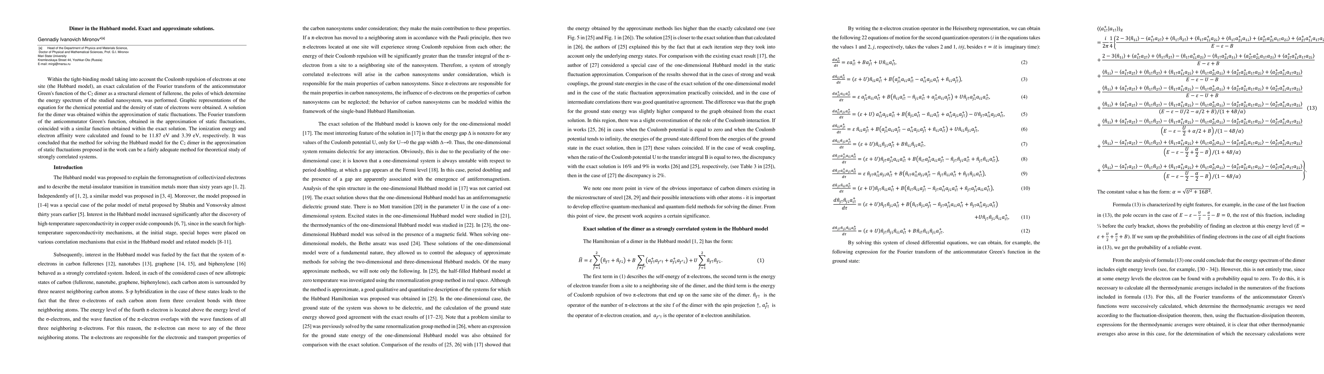Thumbnail for Dimer in the Hubbard model. Exact and approximate solutions