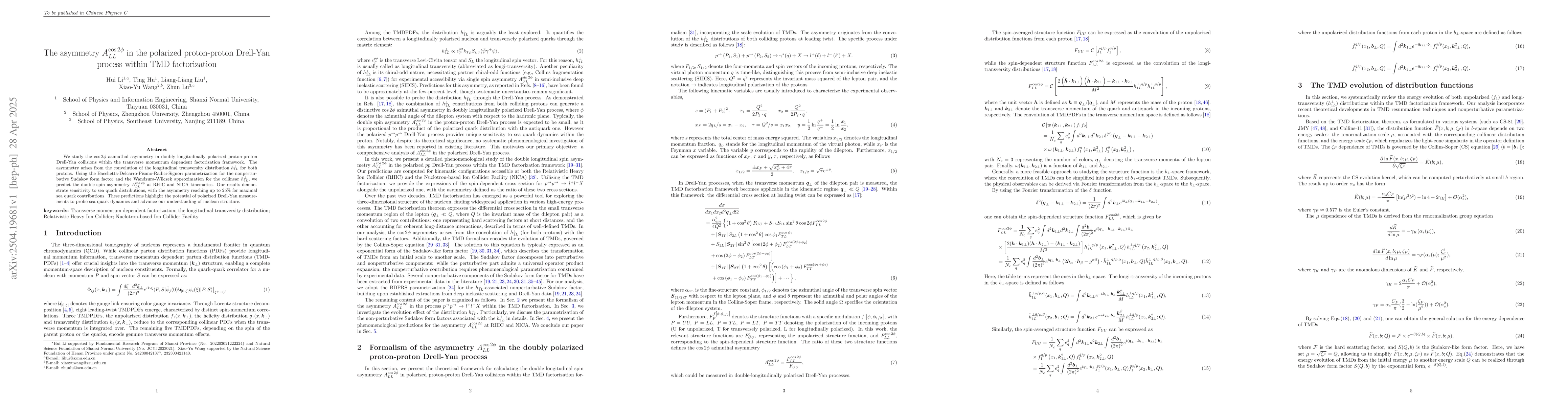 Thumbnail for The asymmetry $A_{LL}^{\cos2φ}$ in the polarized proton-proton
  Drell-Yan process within TMD factorization