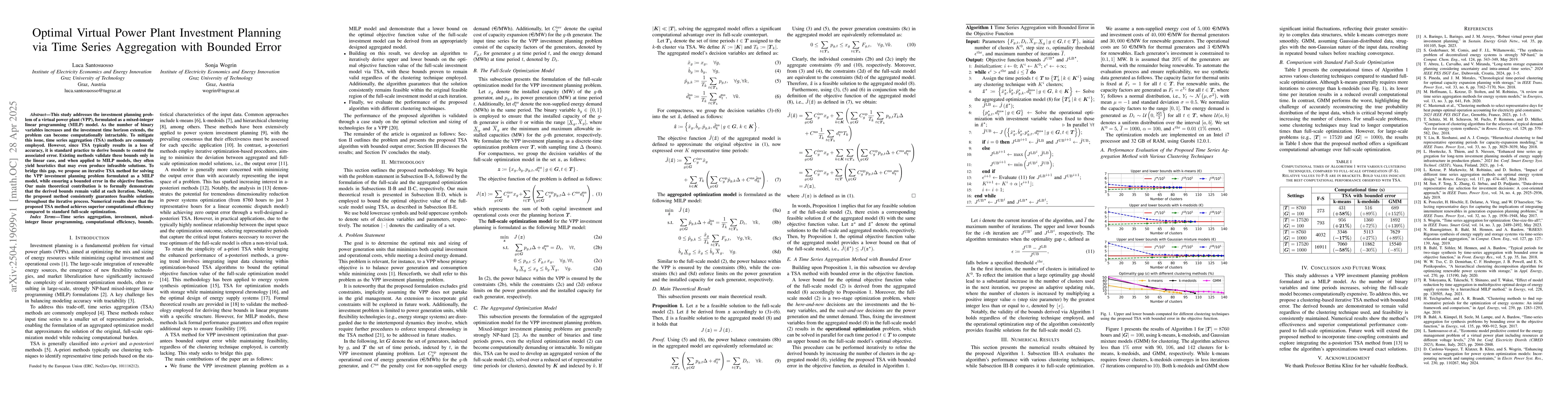 Thumbnail for Optimal Virtual Power Plant Investment Planning via Time Series
  Aggregation with Bounded Error