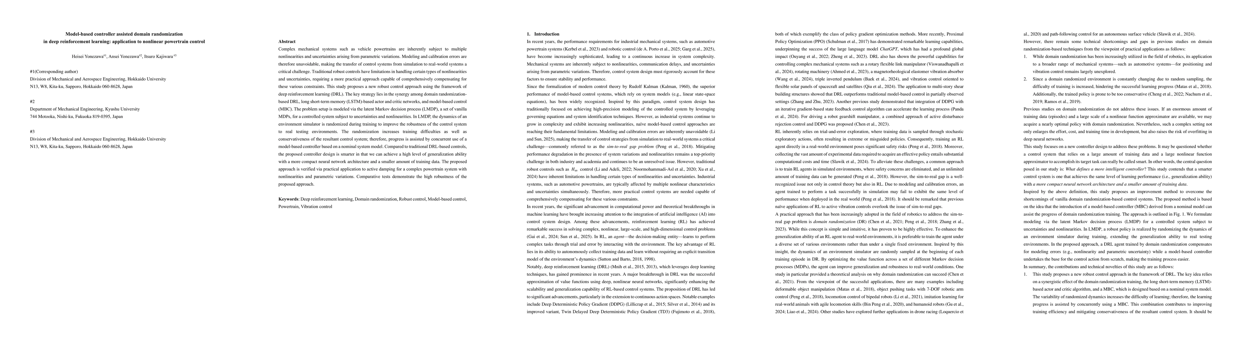 Thumbnail for Model-based controller assisted domain randomization in deep
  reinforcement learning: application to nonlinear powertrain control