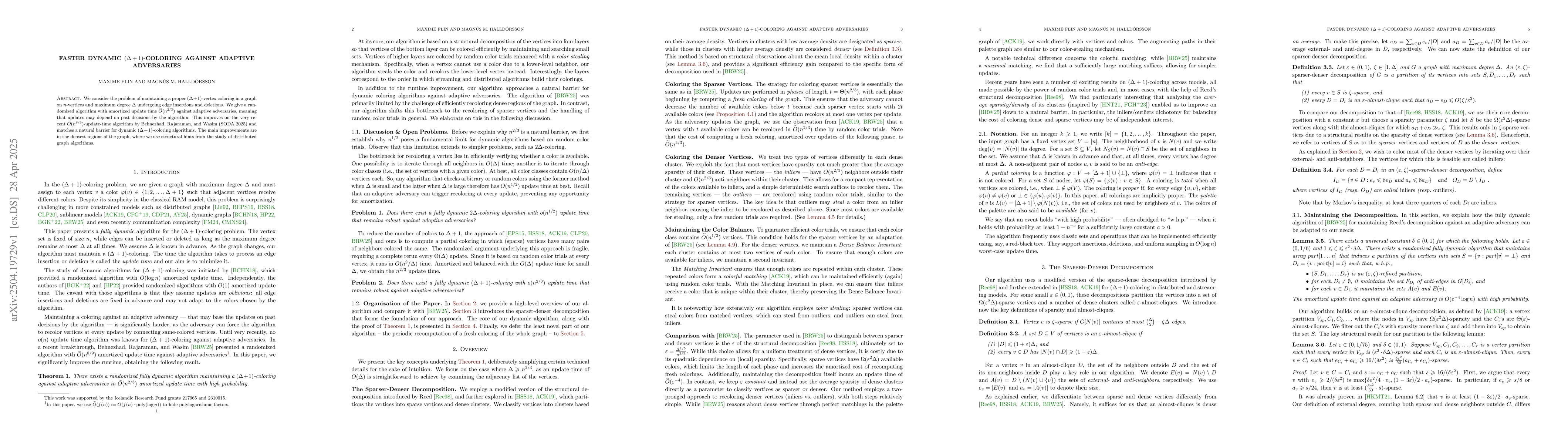Thumbnail for Faster Dynamic $(Δ+1)$-Coloring Against Adaptive Adversaries