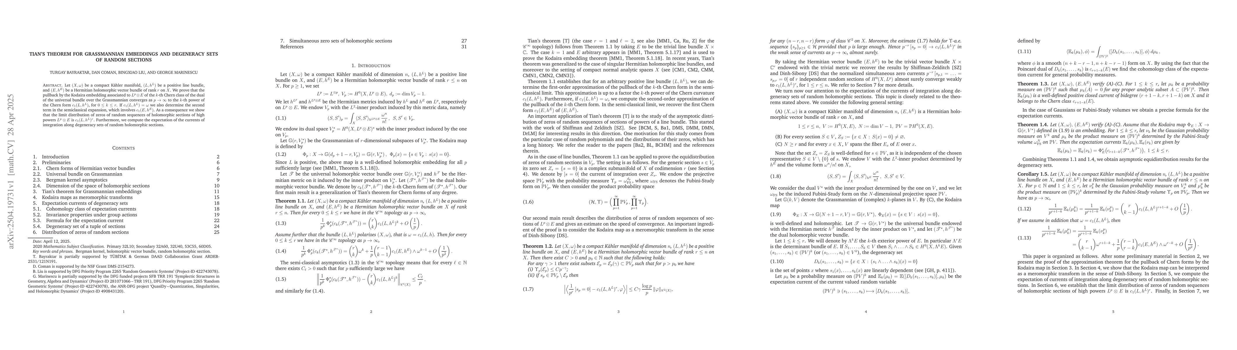 Thumbnail for Tian's theorem for Grassmannian embeddings and degeneracy sets of random
  sections