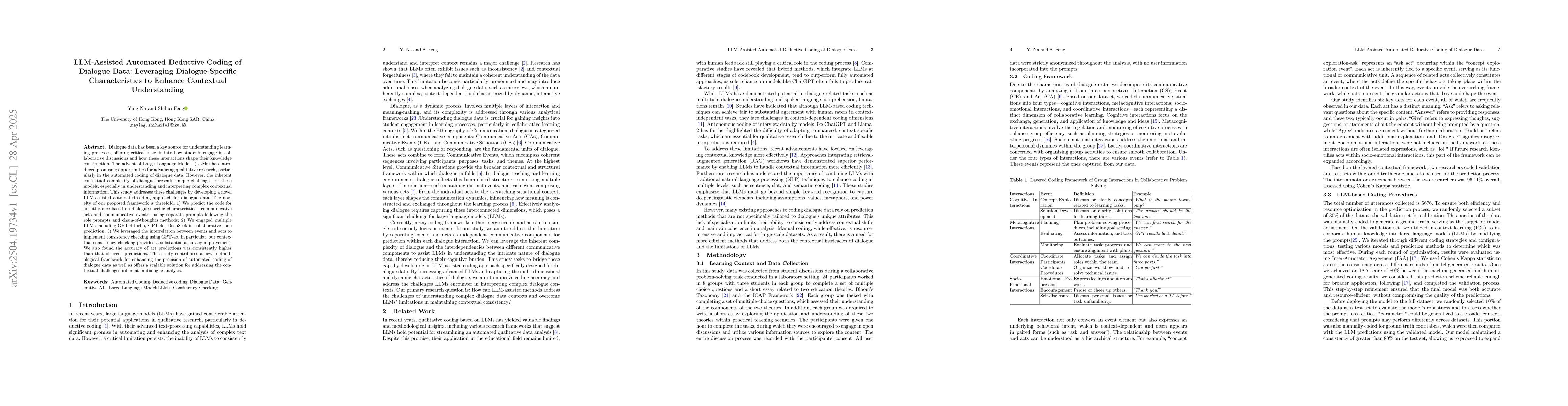Thumbnail for LLM-Assisted Automated Deductive Coding of Dialogue Data: Leveraging
  Dialogue-Specific Characteristics to Enhance Contextual Understanding