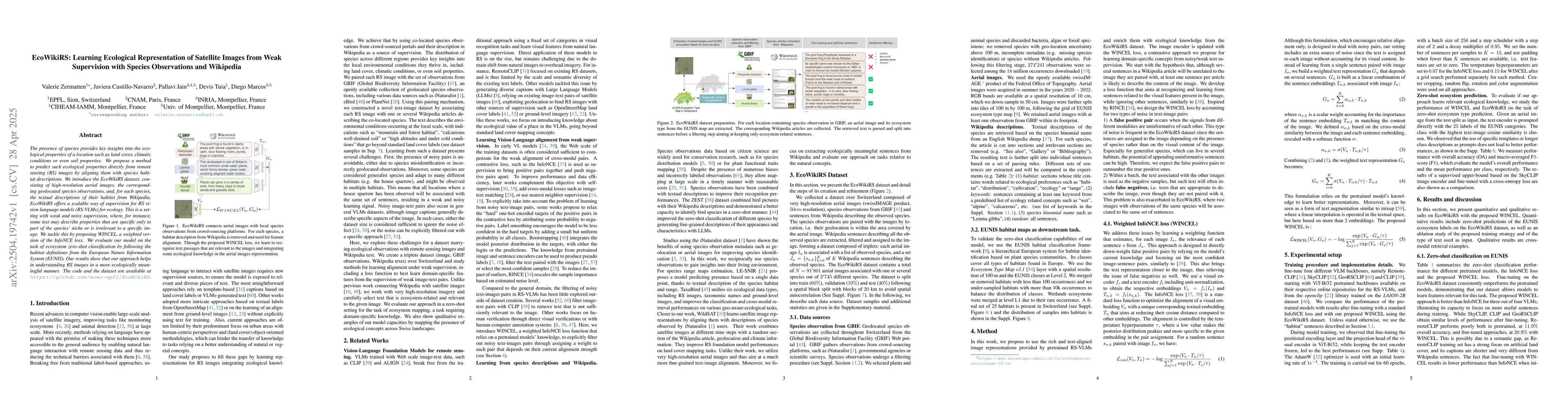 Thumbnail for EcoWikiRS: Learning Ecological Representation of Satellite Images from
  Weak Supervision with Species Observations and Wikipedia
