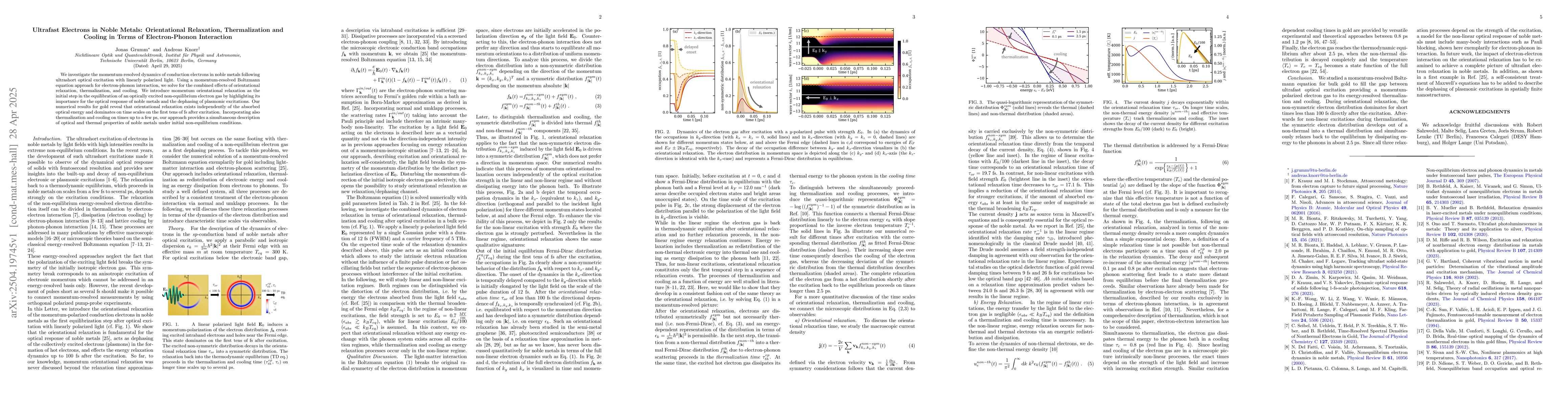 Thumbnail for Ultrafast Electrons in Noble Metals: Orientational Relaxation,
  Thermalization and Cooling in Terms of Electron-Phonon Interaction