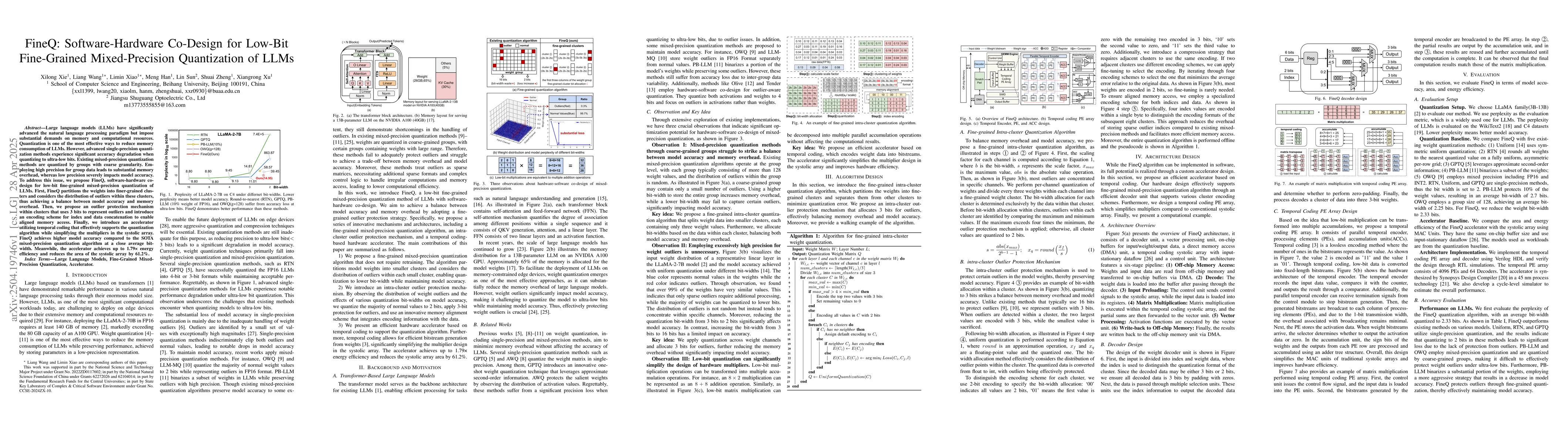 Thumbnail for FineQ: Software-Hardware Co-Design for Low-Bit Fine-Grained
  Mixed-Precision Quantization of LLMs