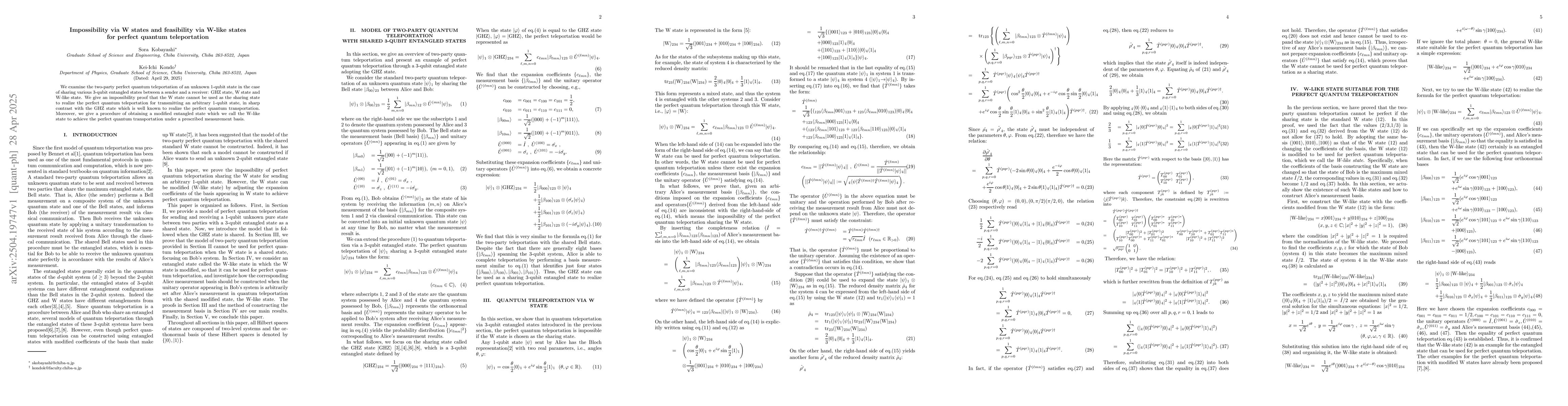Thumbnail for Impossibility via W states and feasibility via W-like states for perfect
  quantum teleportation