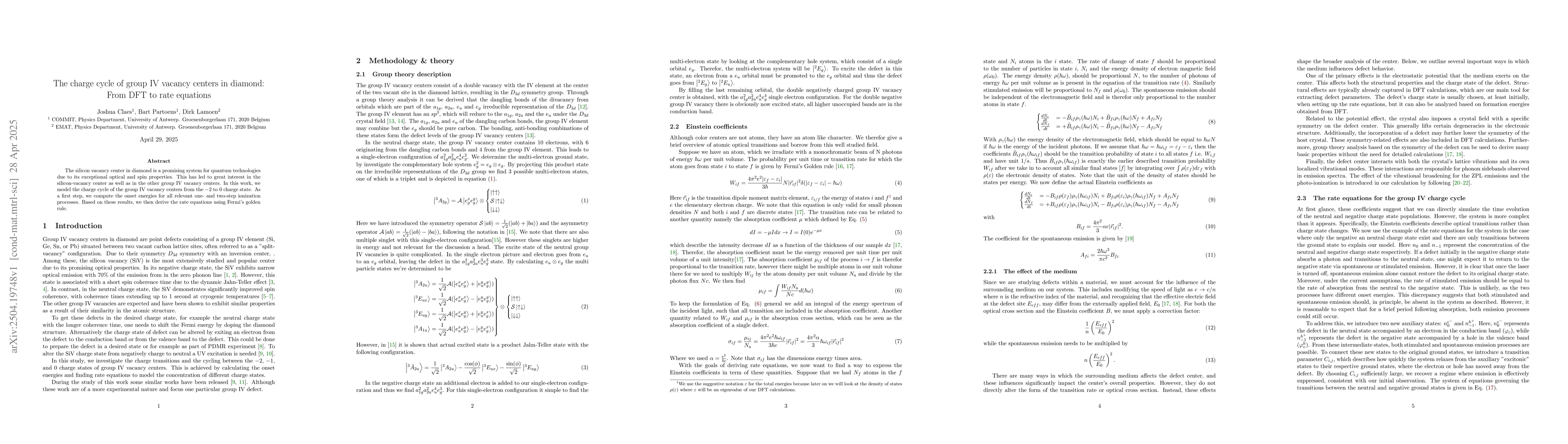 Thumbnail for The charge cycle of group IV vacancy centers in diamond: From DFT to
  rate equations