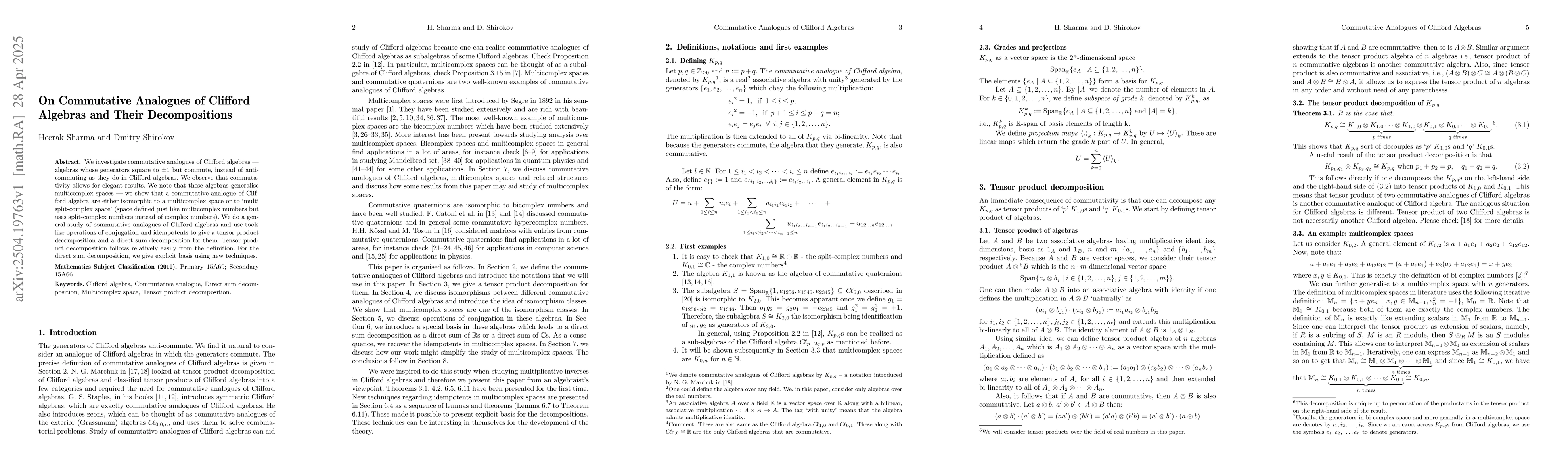 Thumbnail for On Commutative Analogues of Clifford Algebras and Their Decompositions