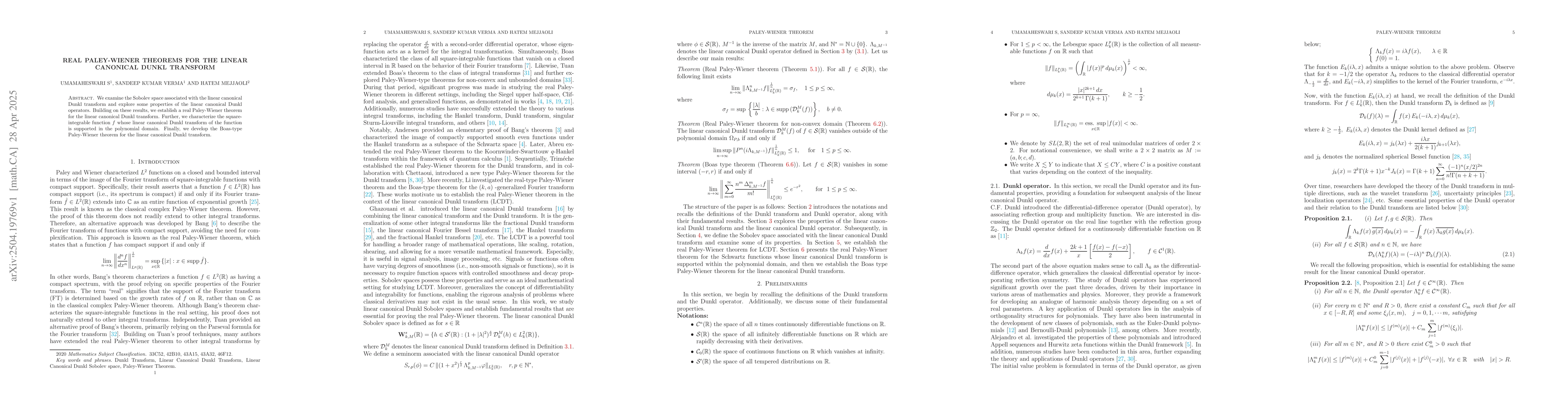 Thumbnail for Real Paley-Wiener theorems for the linear canonical Dunkl transform