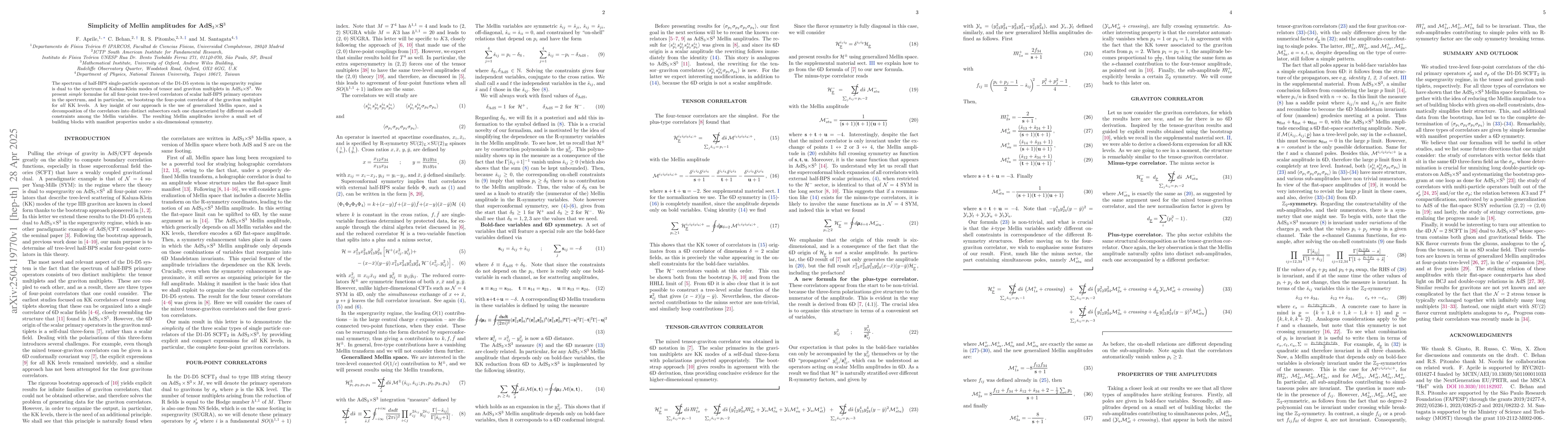 Thumbnail for Simplicity of Mellin amplitudes for AdS$_3 \times$S$^3$