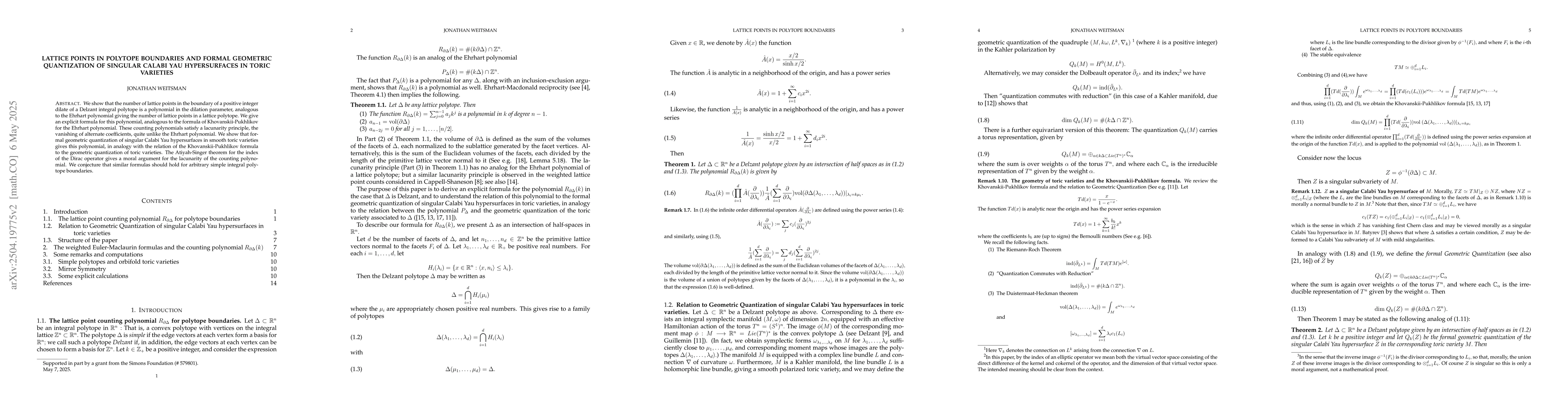 Thumbnail for Lattice points in polytope boundaries and formal geometric quantization
  of singular Calabi Yau hypersurfaces in toric varieties