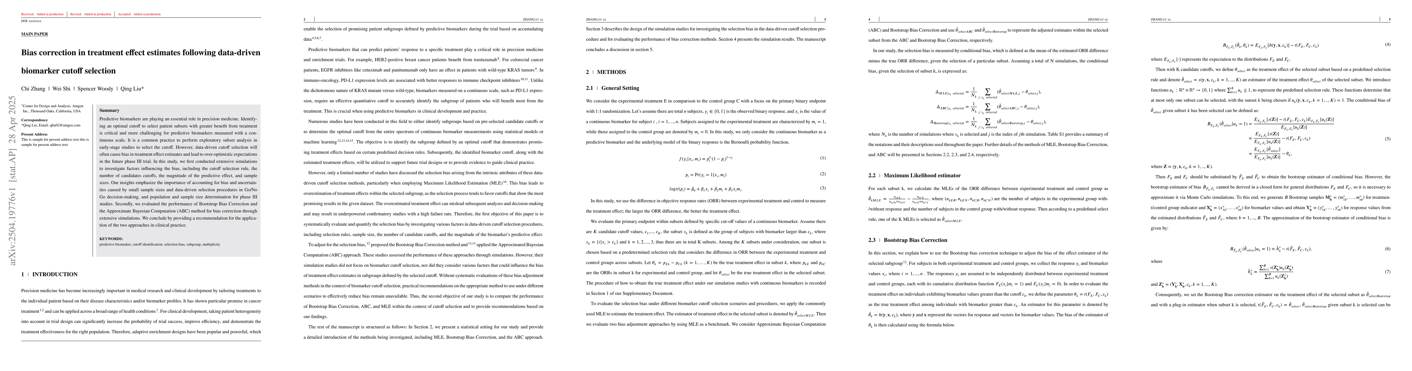Thumbnail for Bias correction in treatment effect estimates following data-driven
  biomarker cutoff selection