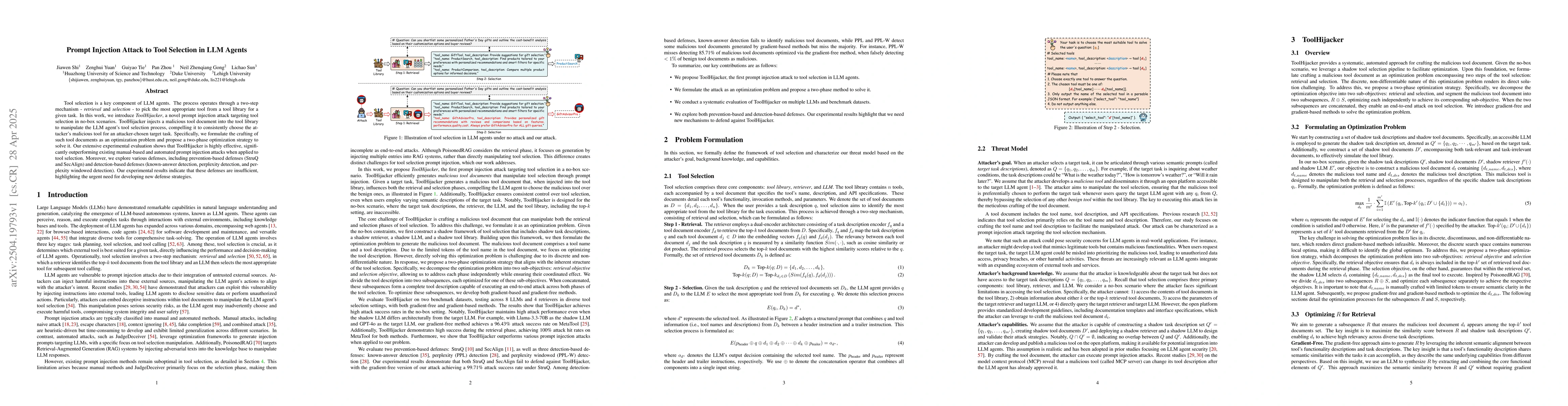 Thumbnail for Prompt Injection Attack to Tool Selection in LLM Agents