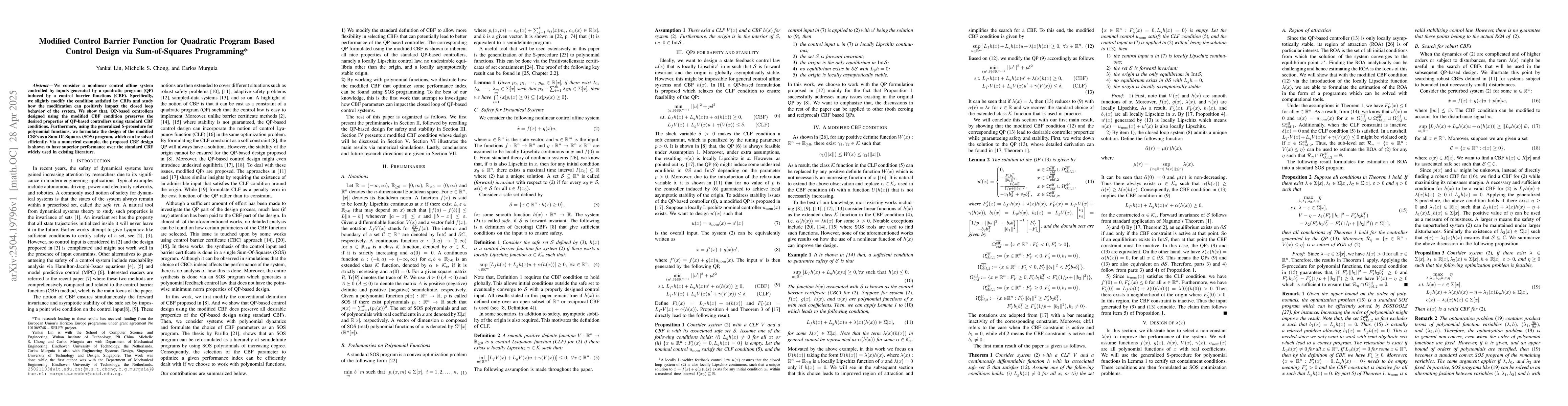 Thumbnail for Modified Control Barrier Function for Quadratic Program Based Control
  Design via Sum-of-Squares Programming
