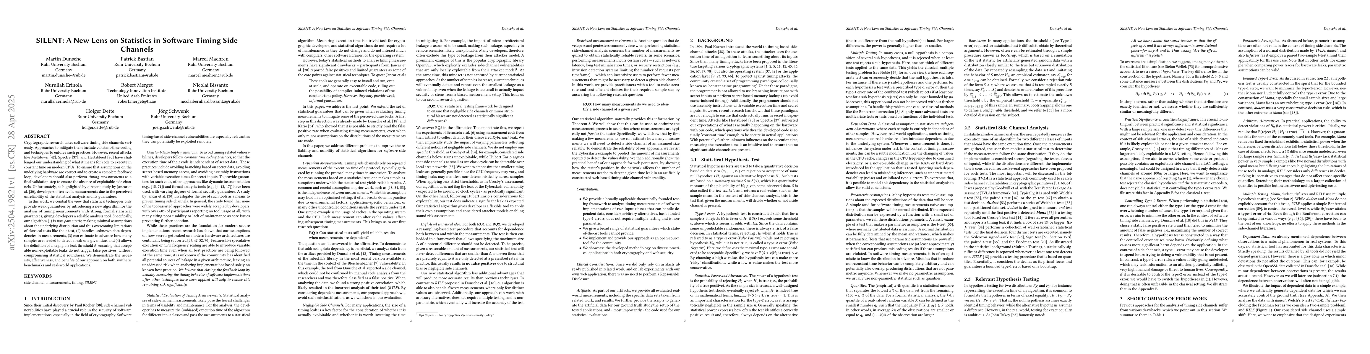 Thumbnail for SILENT: A New Lens on Statistics in Software Timing Side Channels