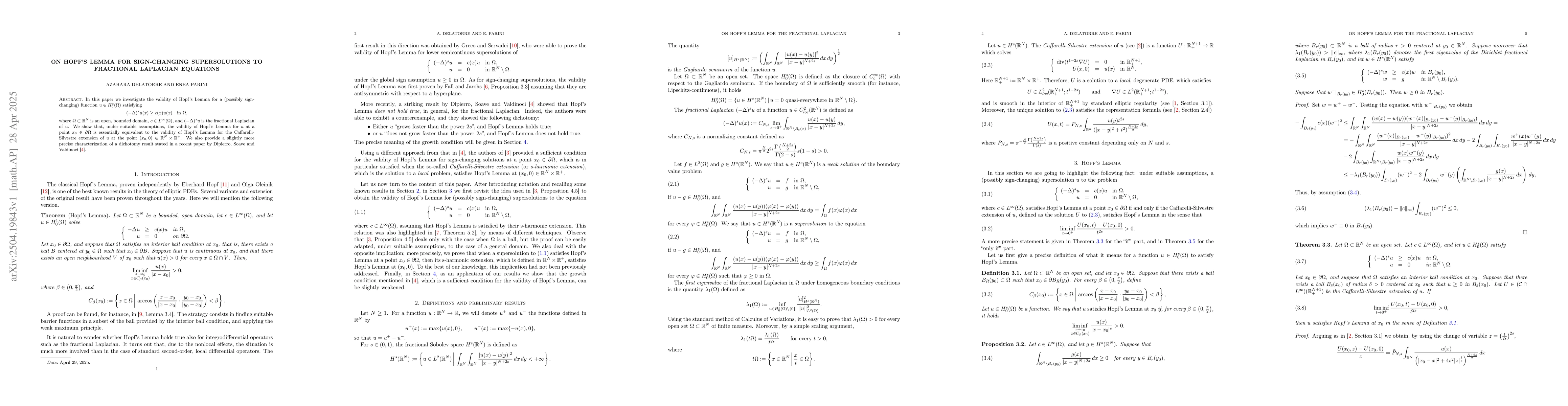 Thumbnail for On Hopf's Lemma for sign-changing supersolutions to fractional Laplacian
  equations
