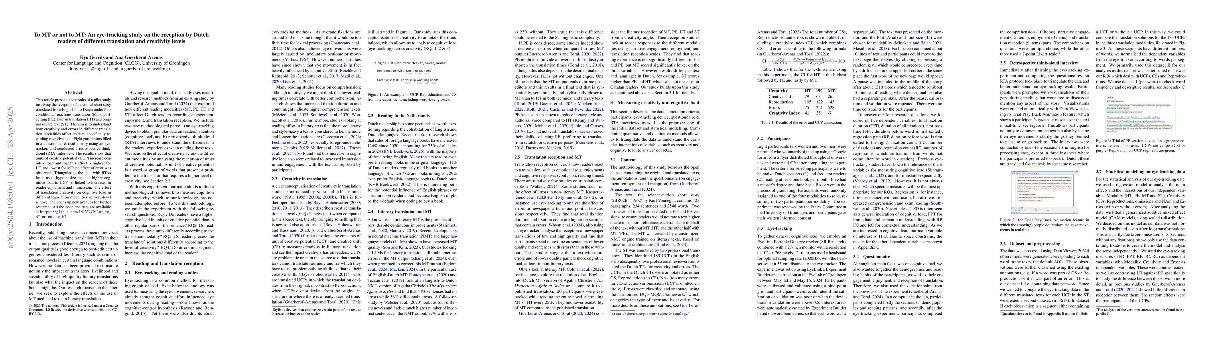 Thumbnail for To MT or not to MT: An eye-tracking study on the reception by Dutch
  readers of different translation and creativity levels