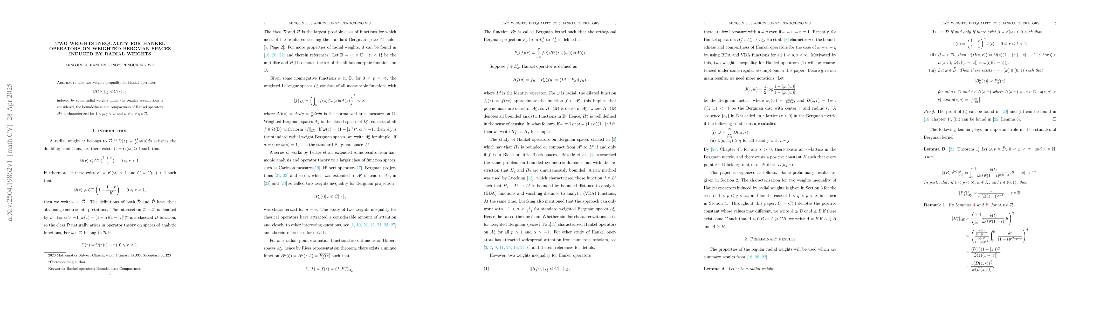 Thumbnail for Two weights inequality for Hankel operators on weighted Bergman spaces
  induced by radial weights