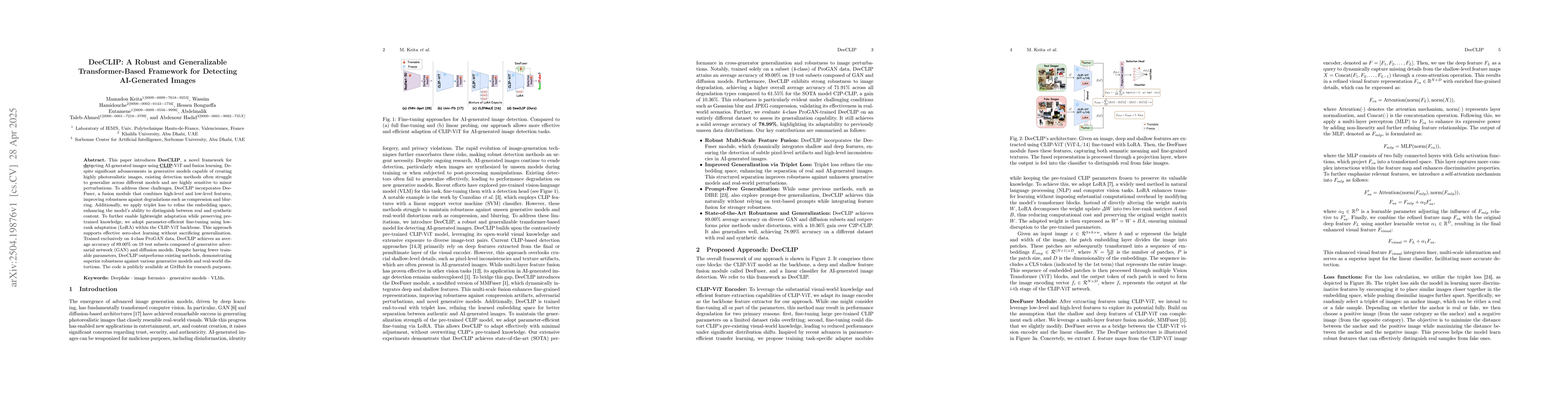 Thumbnail for DeeCLIP: A Robust and Generalizable Transformer-Based Framework for
  Detecting AI-Generated Images