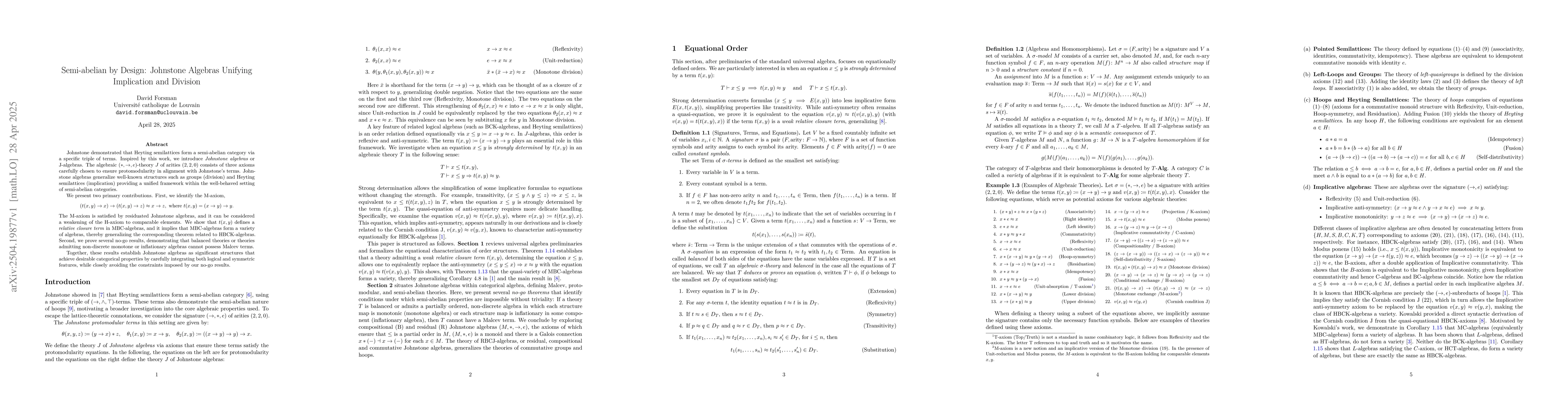 Thumbnail for Semi-abelian by Design: Johnstone Algebras Unifying Implication and
  Division
