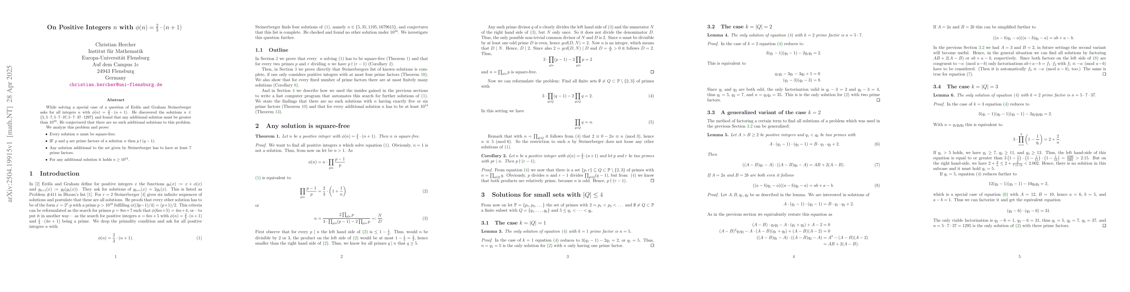 Thumbnail for On Positive Integers $n$ with $φ(n)=\frac{2}{3} \cdot (n+1)$