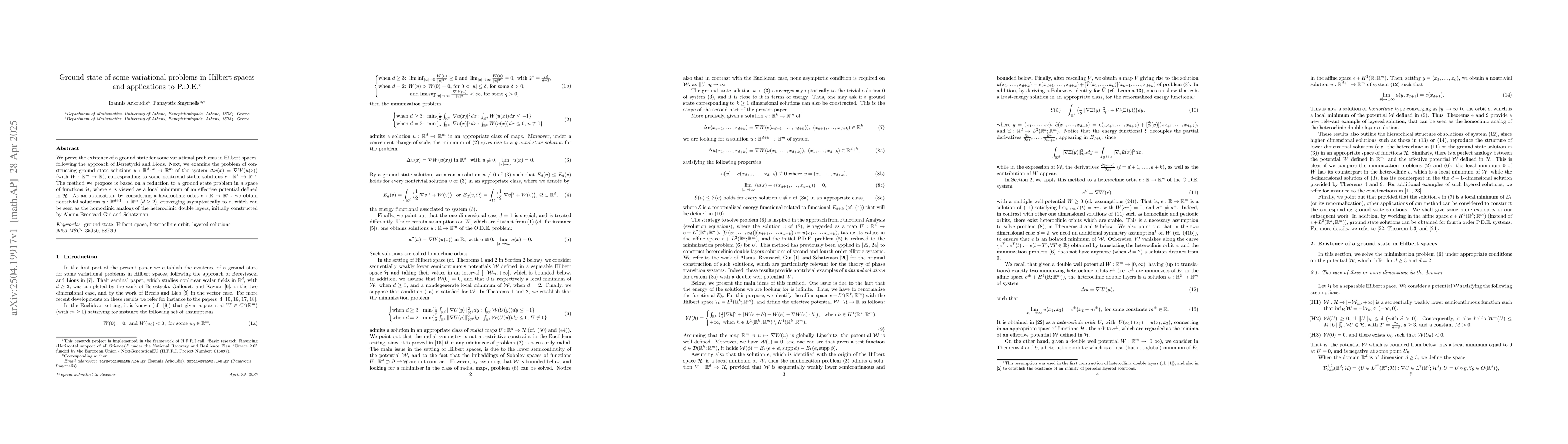 Thumbnail for Ground state of some variational problems in Hilbert spaces and
  applications to P.D.E