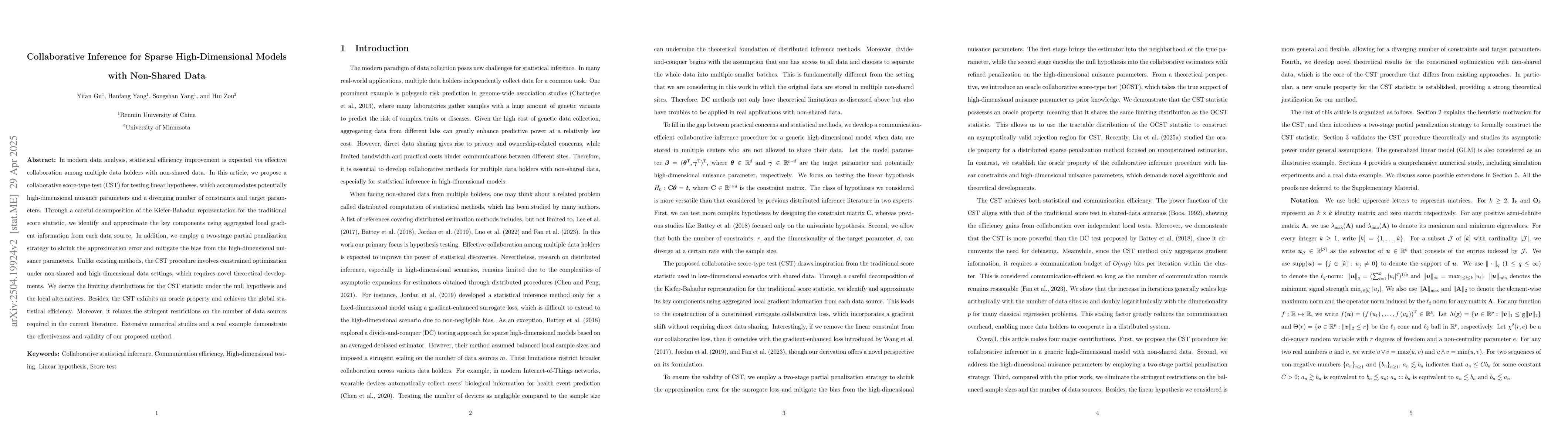 Thumbnail for Collaborative Inference for Sparse High-Dimensional Models with
  Non-Shared Data