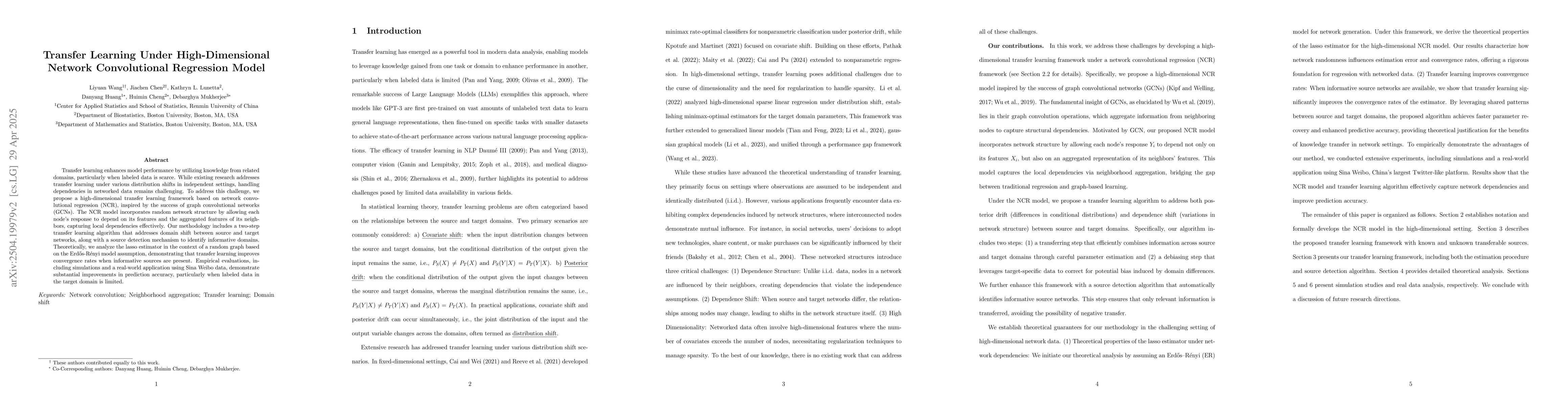 Thumbnail for Transfer Learning Under High-Dimensional Network Convolutional
  Regression Model