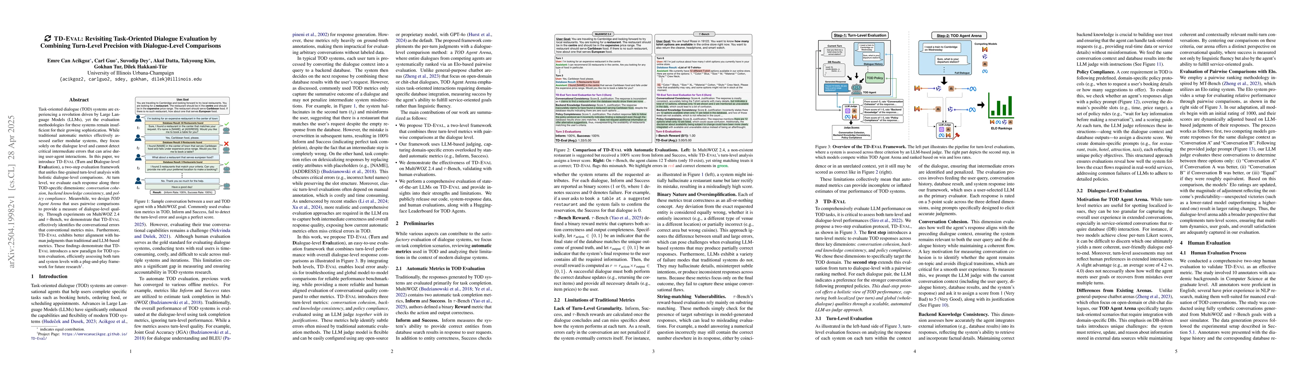 Thumbnail for TD-EVAL: Revisiting Task-Oriented Dialogue Evaluation by Combining
  Turn-Level Precision with Dialogue-Level Comparisons