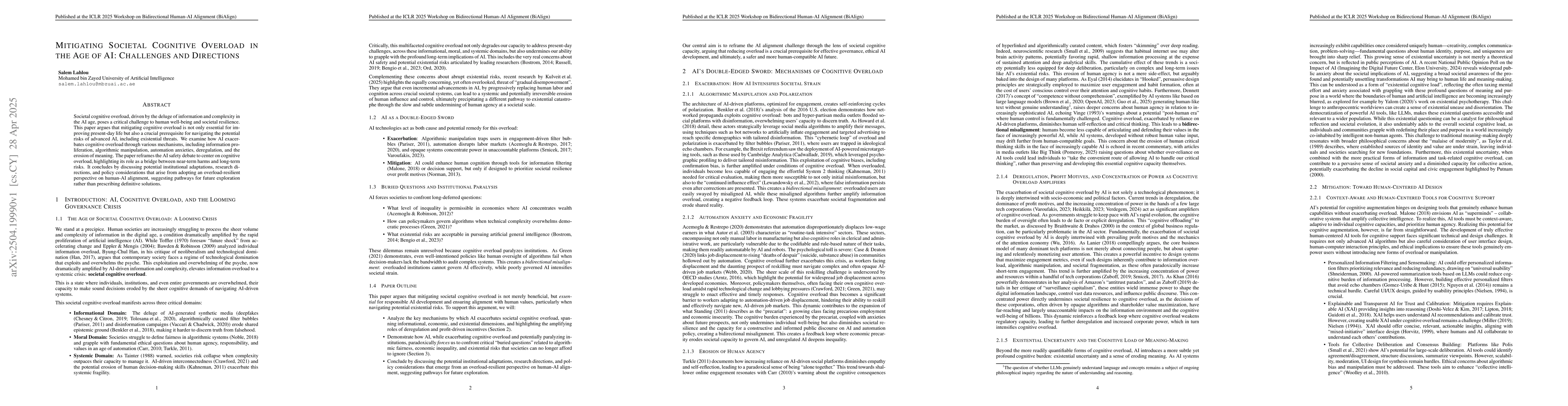 Thumbnail for Mitigating Societal Cognitive Overload in the Age of AI: Challenges and
  Directions