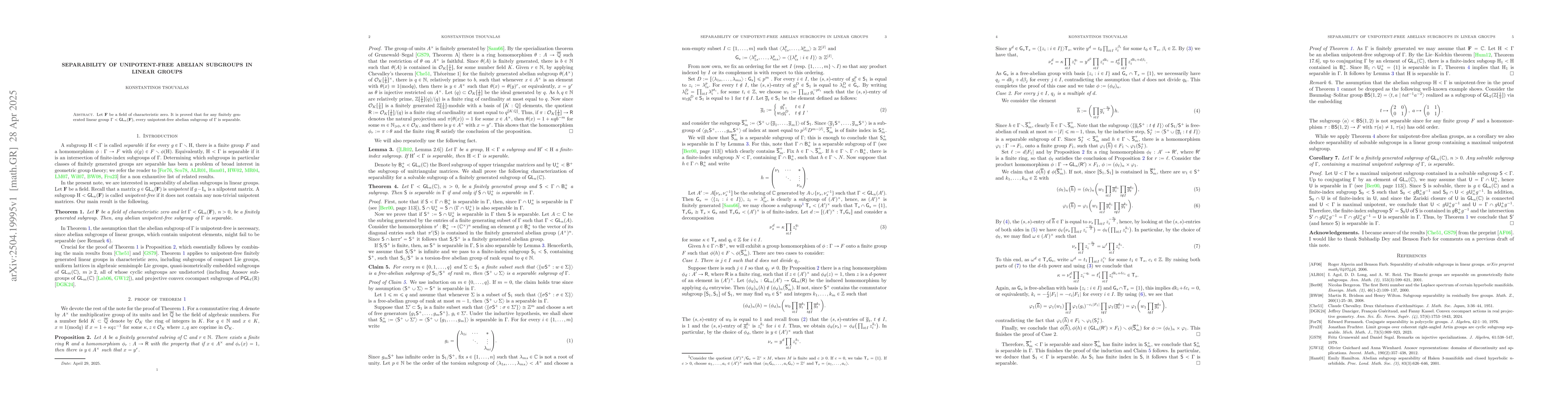 Thumbnail for Separability of unipotent-free abelian subgroups in linear groups