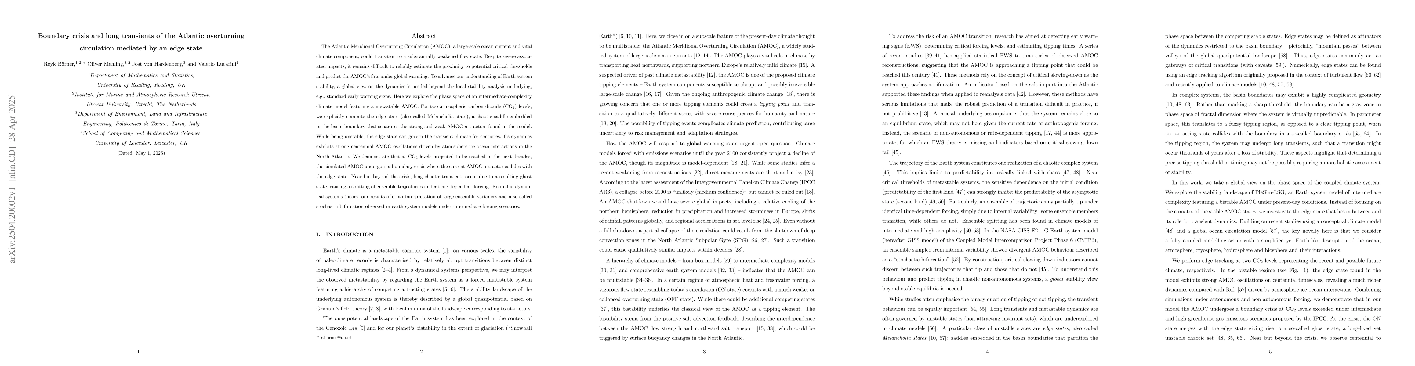 Thumbnail for Boundary crisis and long transients of the Atlantic overturning
  circulation mediated by an edge state