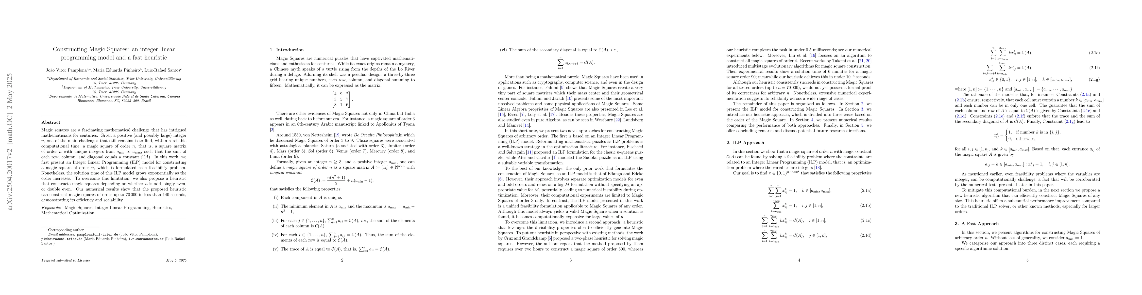 Thumbnail for Constructing Magic Squares: an integer linear programming model and a
  fast heuristic