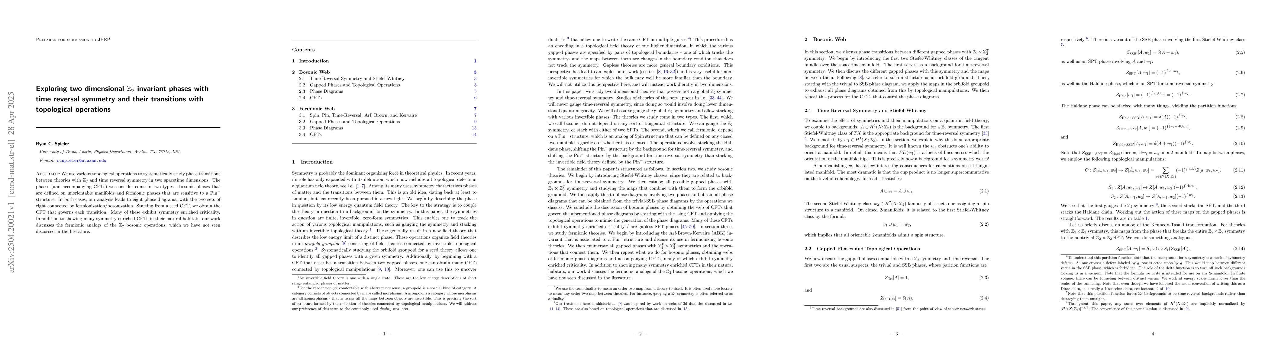 Thumbnail for Exploring two dimensional $\mathbb{Z}_2$ invariant phases with time
  reversal symmetry and their transitions with topological operations