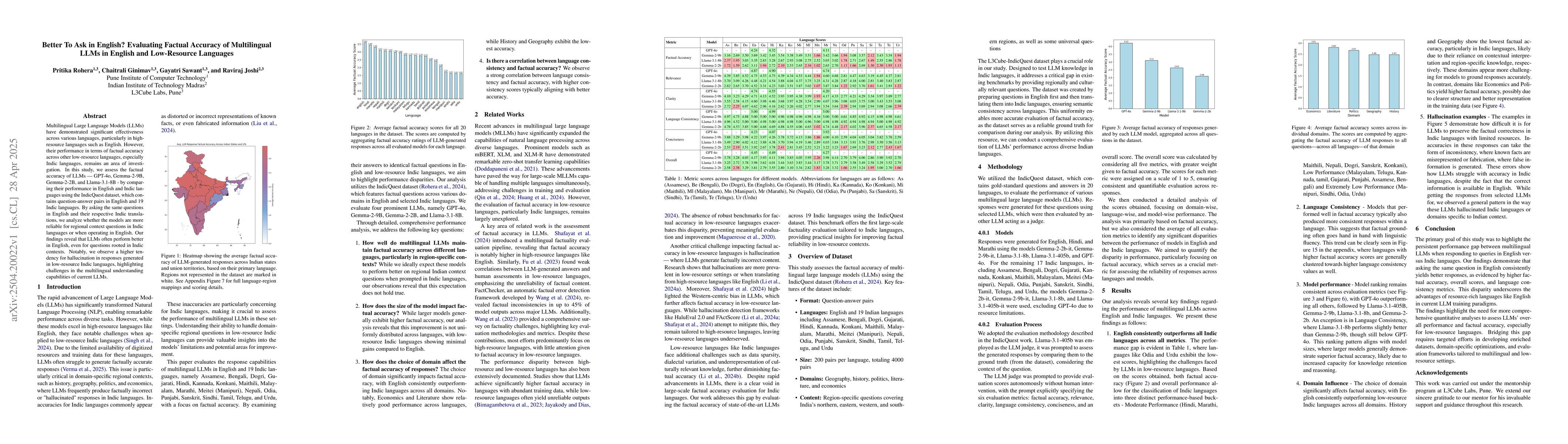 Thumbnail for Better To Ask in English? Evaluating Factual Accuracy of Multilingual
  LLMs in English and Low-Resource Languages