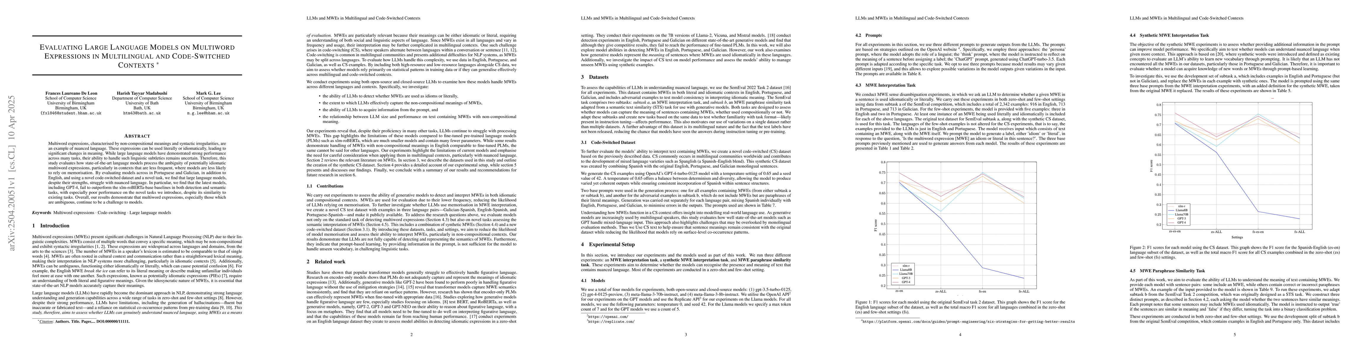 Thumbnail for Evaluating Large Language Models on Multiword Expressions in
  Multilingual and Code-Switched Contexts