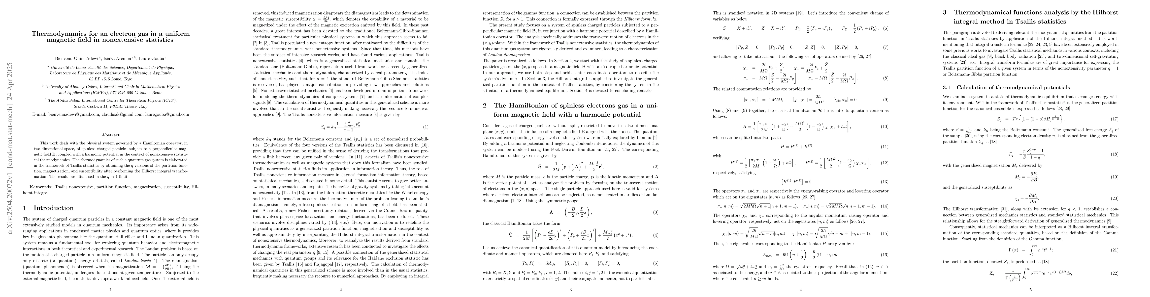 Thumbnail for Thermodynamics for an electron gas in a uniform magnetic field in
  nonextensive statistics