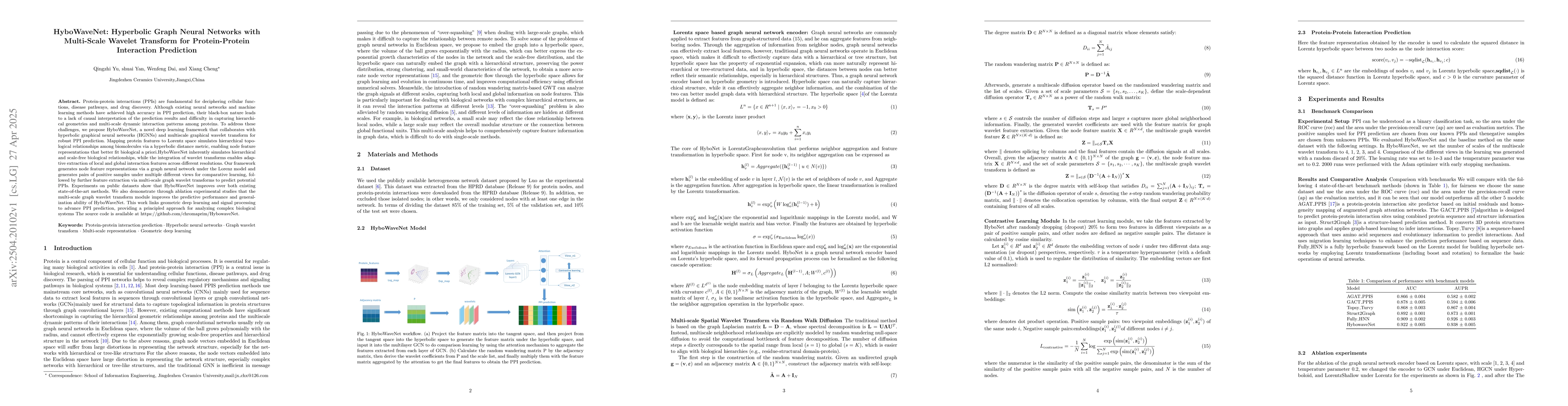 Thumbnail for HyboWaveNet: Hyperbolic Graph Neural Networks with Multi-Scale Wavelet
  Transform for Protein-Protein Interaction Prediction
