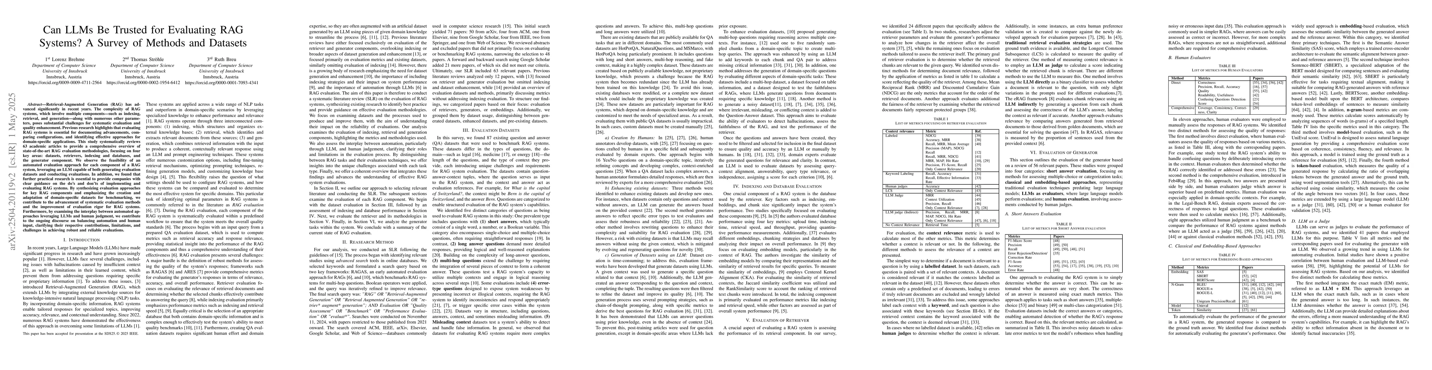 Thumbnail for Can LLMs Be Trusted for Evaluating RAG Systems? A Survey of Methods and
  Datasets