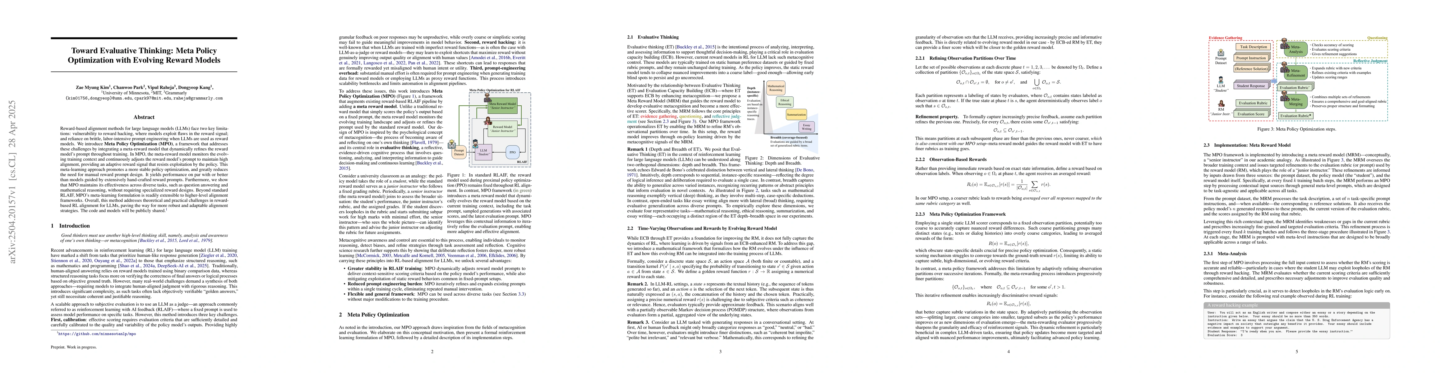 Thumbnail for Toward Evaluative Thinking: Meta Policy Optimization with Evolving
  Reward Models