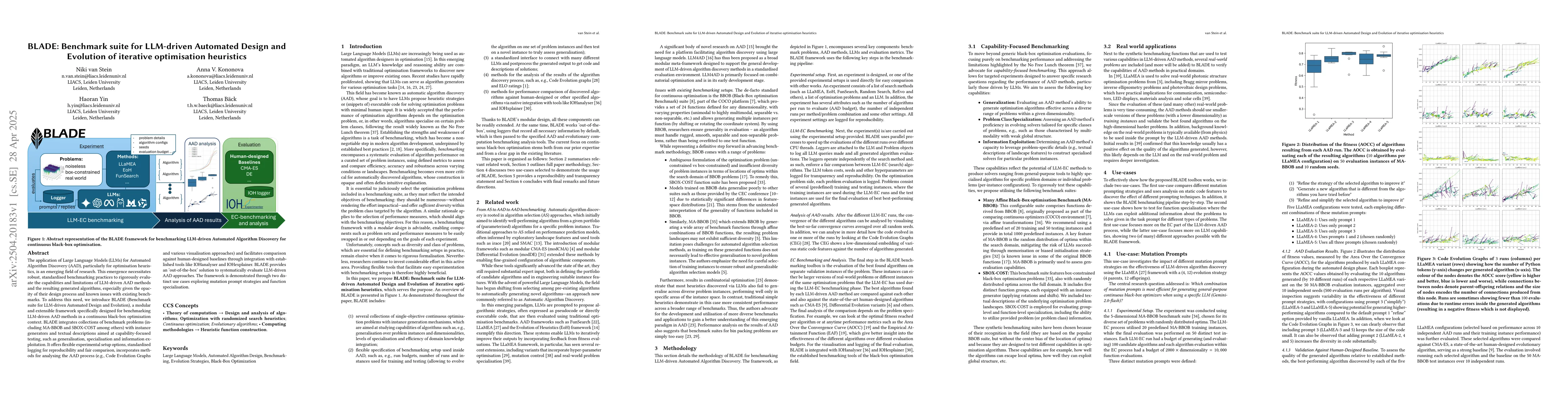 Thumbnail for BLADE: Benchmark suite for LLM-driven Automated Design and Evolution of
  iterative optimisation heuristics