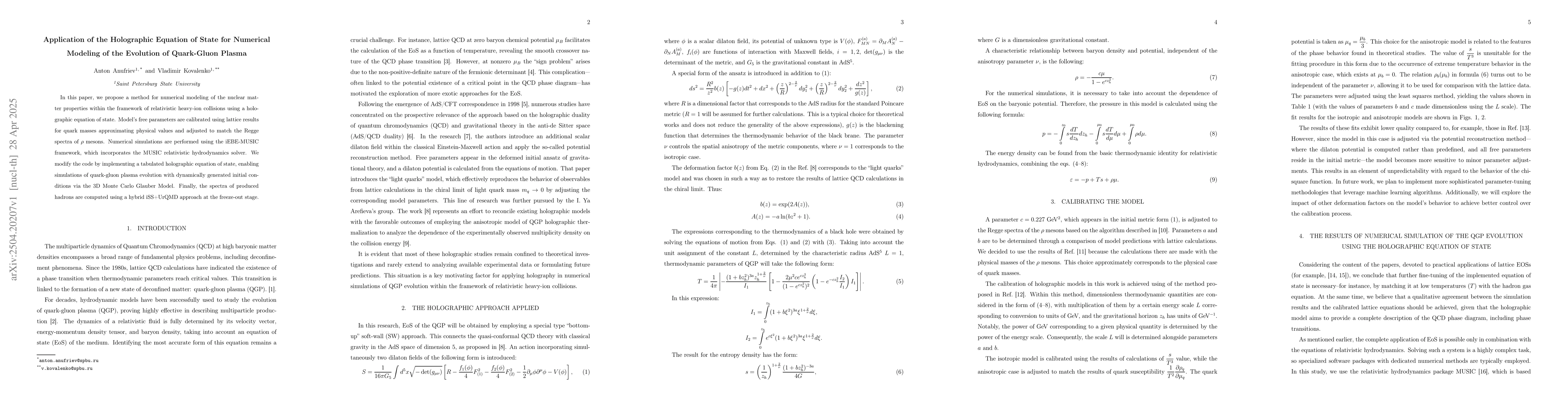 Thumbnail for Application of the Holographic Equation of State for Numerical Modeling
  of the Evolution of Quark-Gluon Plasma