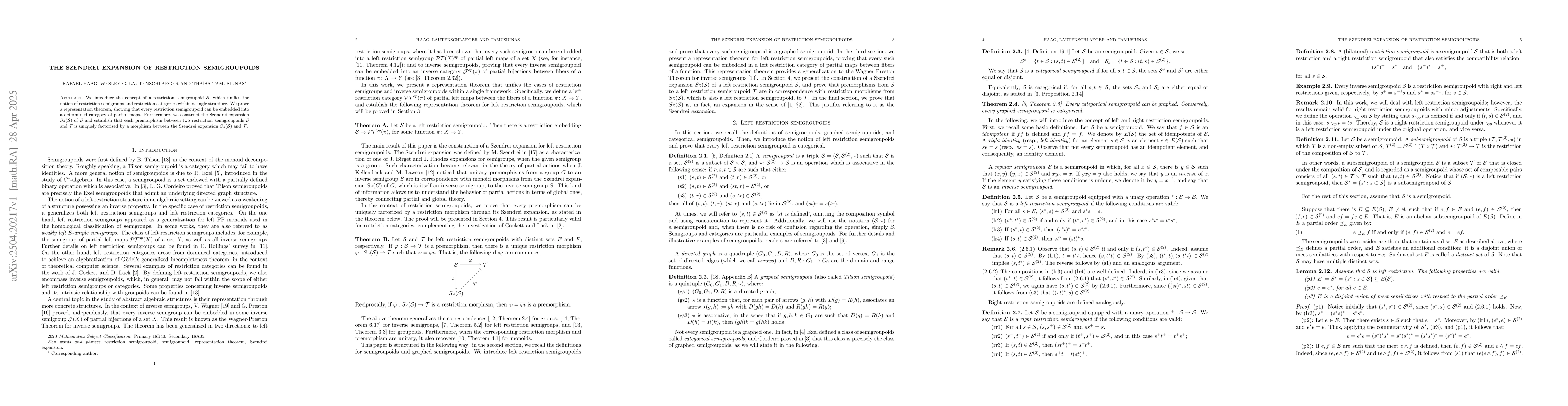 Thumbnail for The Szendrei Expansion of Restriction Semigroupoids