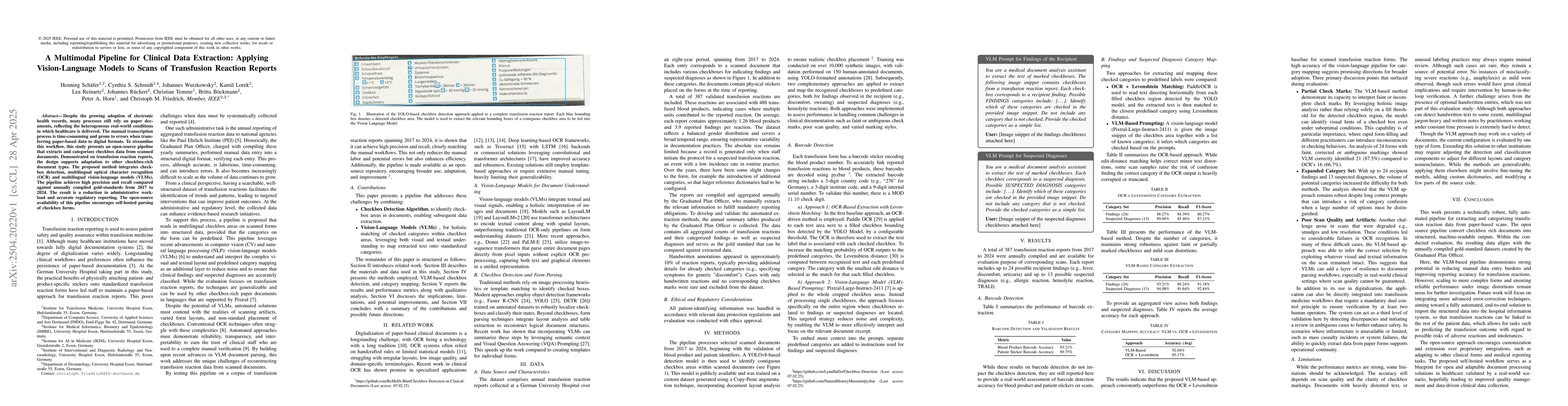 Thumbnail for A Multimodal Pipeline for Clinical Data Extraction: Applying
  Vision-Language Models to Scans of Transfusion Reaction Reports
