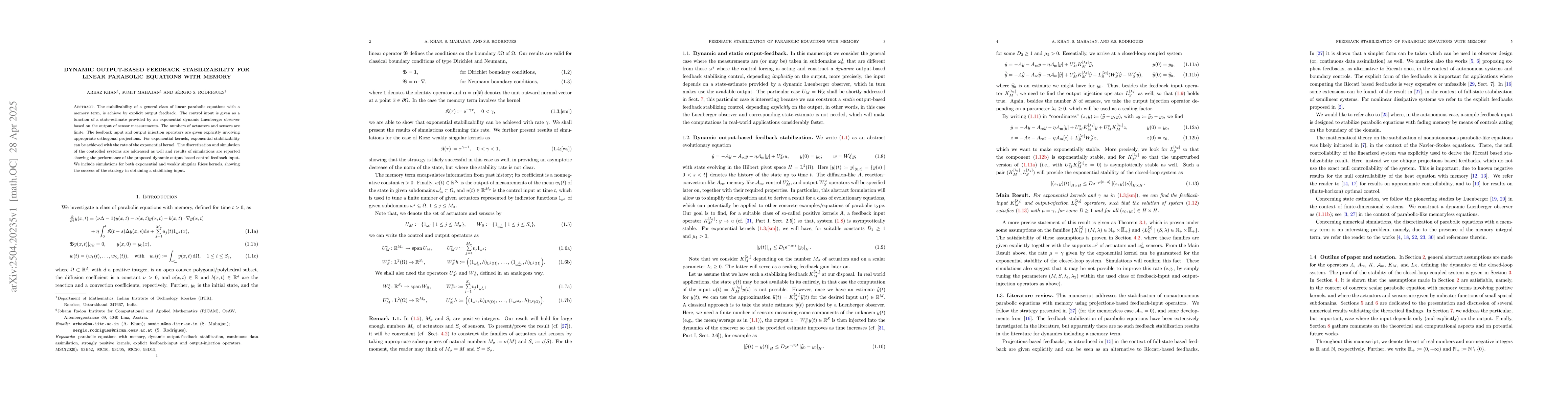 Thumbnail for Dynamic output-based feedback stabilizability for linear parabolic
  equations with memory