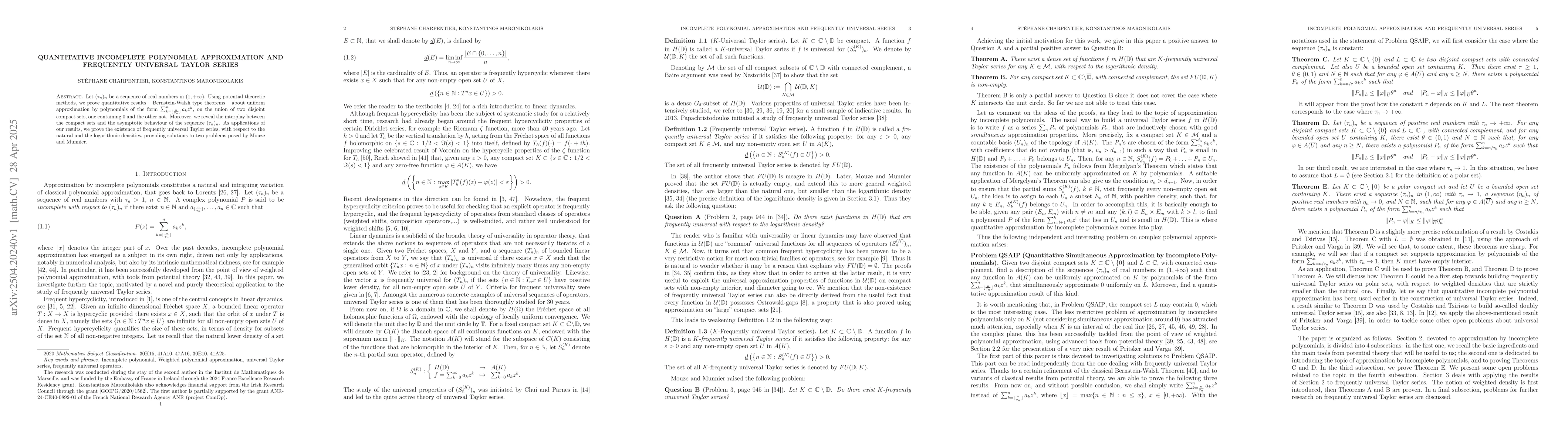 Thumbnail for Quantitative incomplete polynomial approximation and frequently
  universal Taylor series