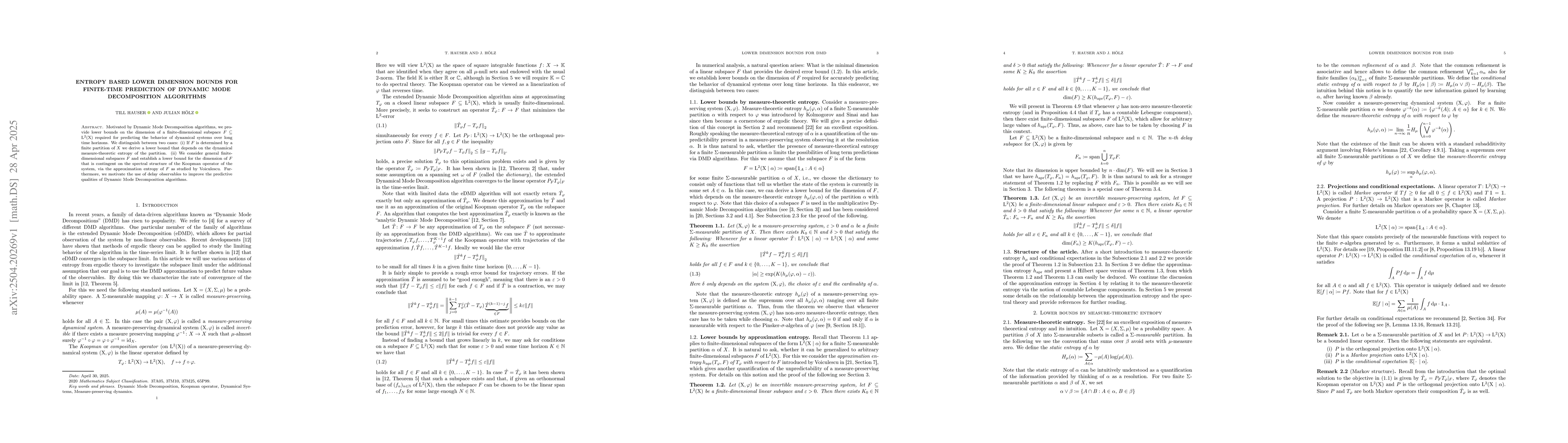 Thumbnail for Entropy based lower dimension bounds for finite-time prediction of
  Dynamic Mode Decomposition algorithms