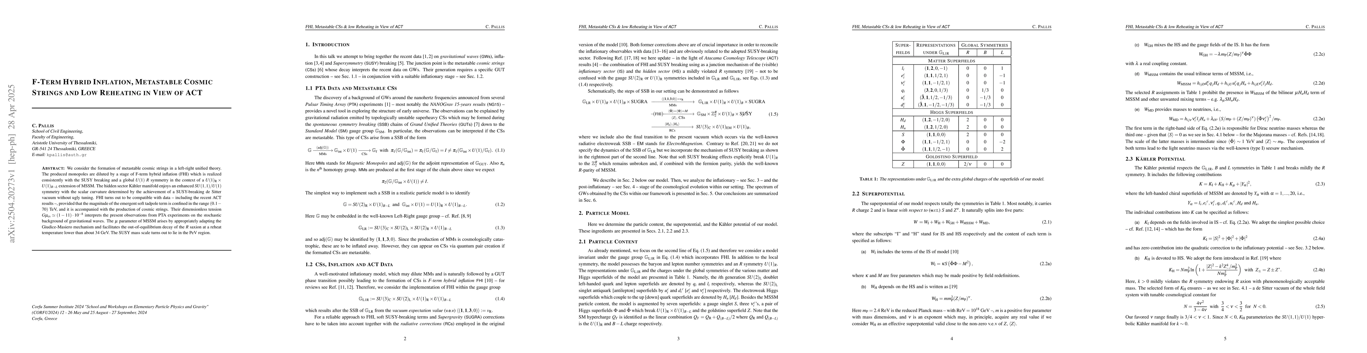Thumbnail for F-Term Hybrid Inflation, Metastable Cosmic Strings and Low Reheating in
  View of ACT