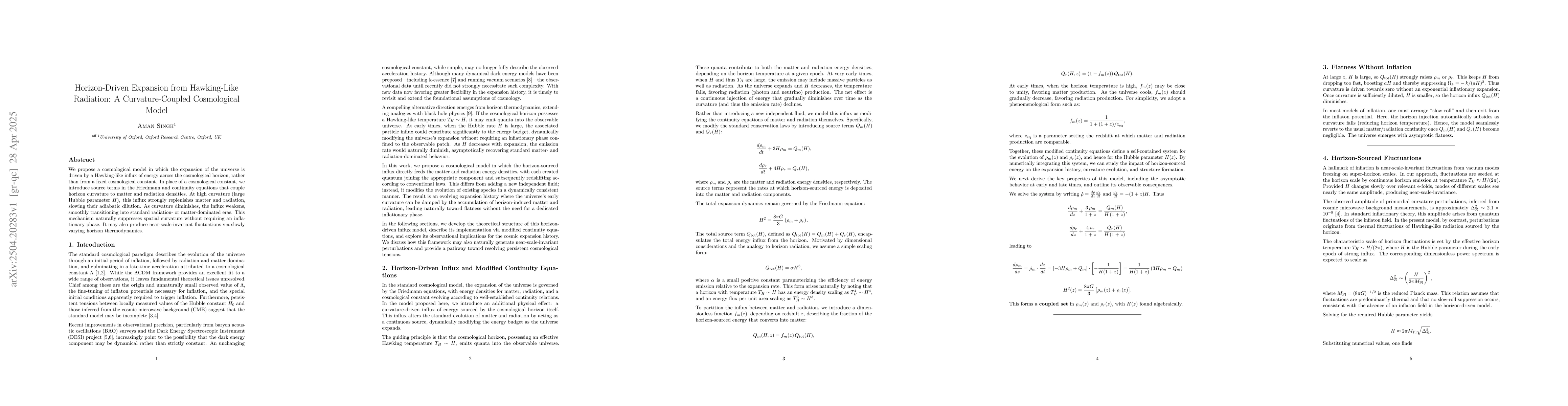 Thumbnail for Horizon-Driven Expansion from Hawking-Like Radiation: A
  Curvature-Coupled Cosmological Model